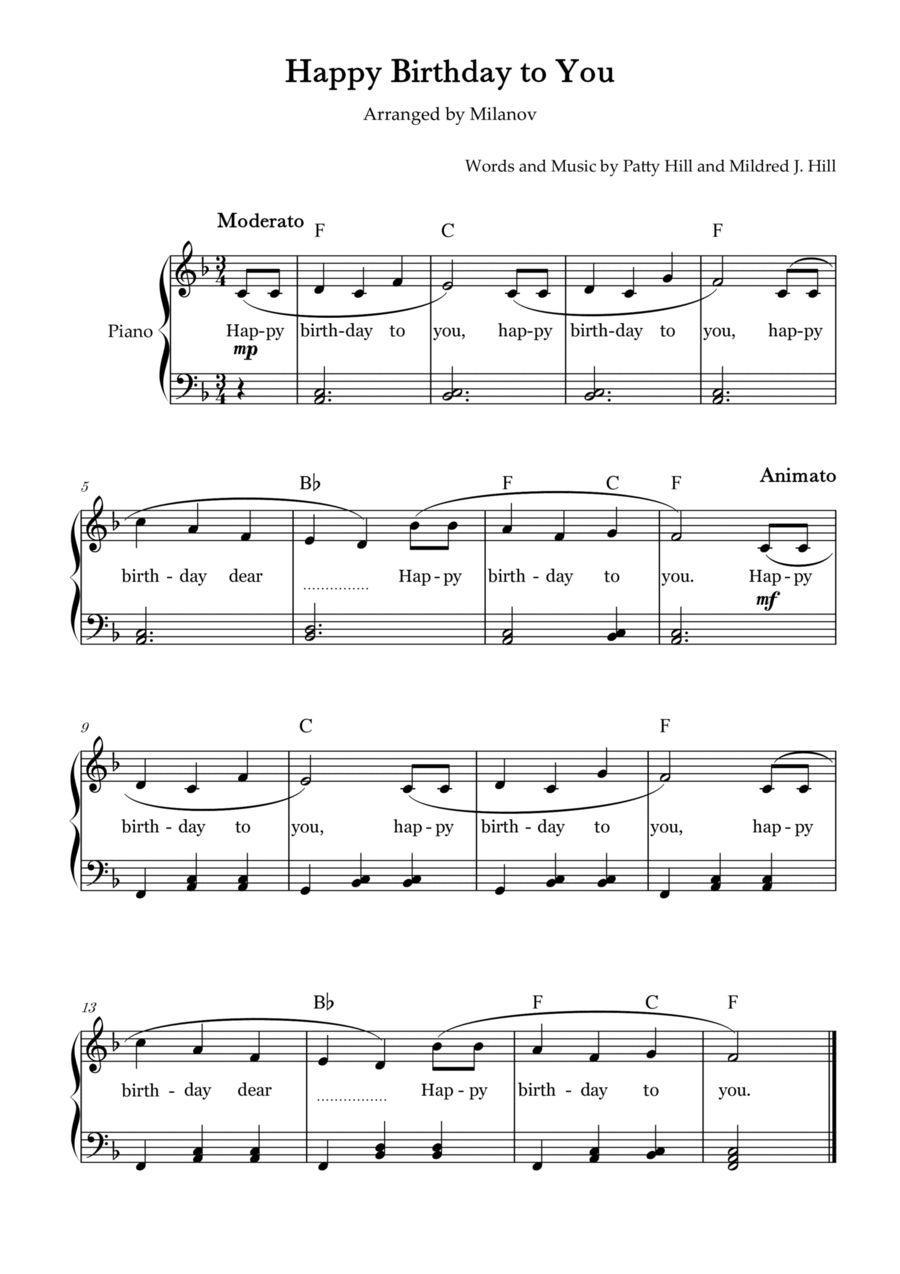 Happy Birthday to You Piano in F Easy Intermediate Chord Lyrics Easy Piano scores gallery preview page 1