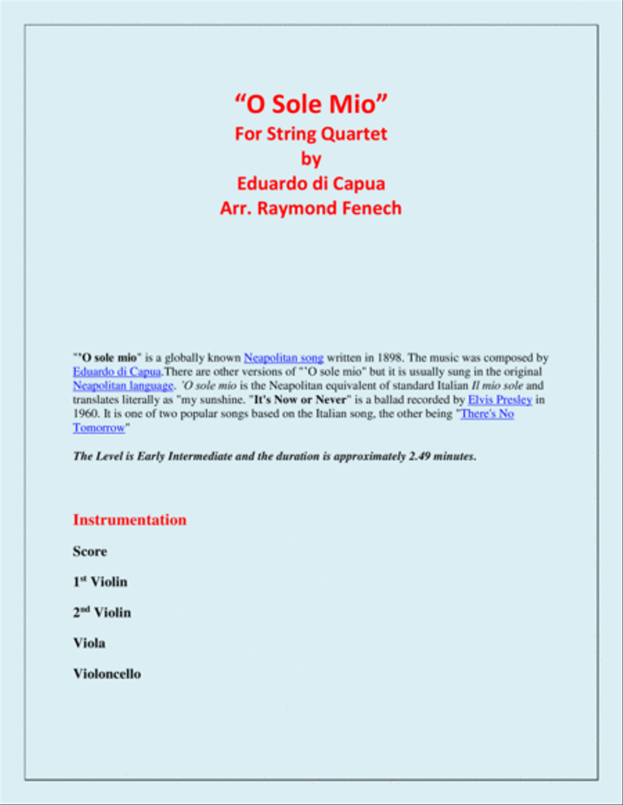 O Sole Mio - String Quartet (2 Violins; Viola and Violoncello) String Quartet scores gallery preview page 2
