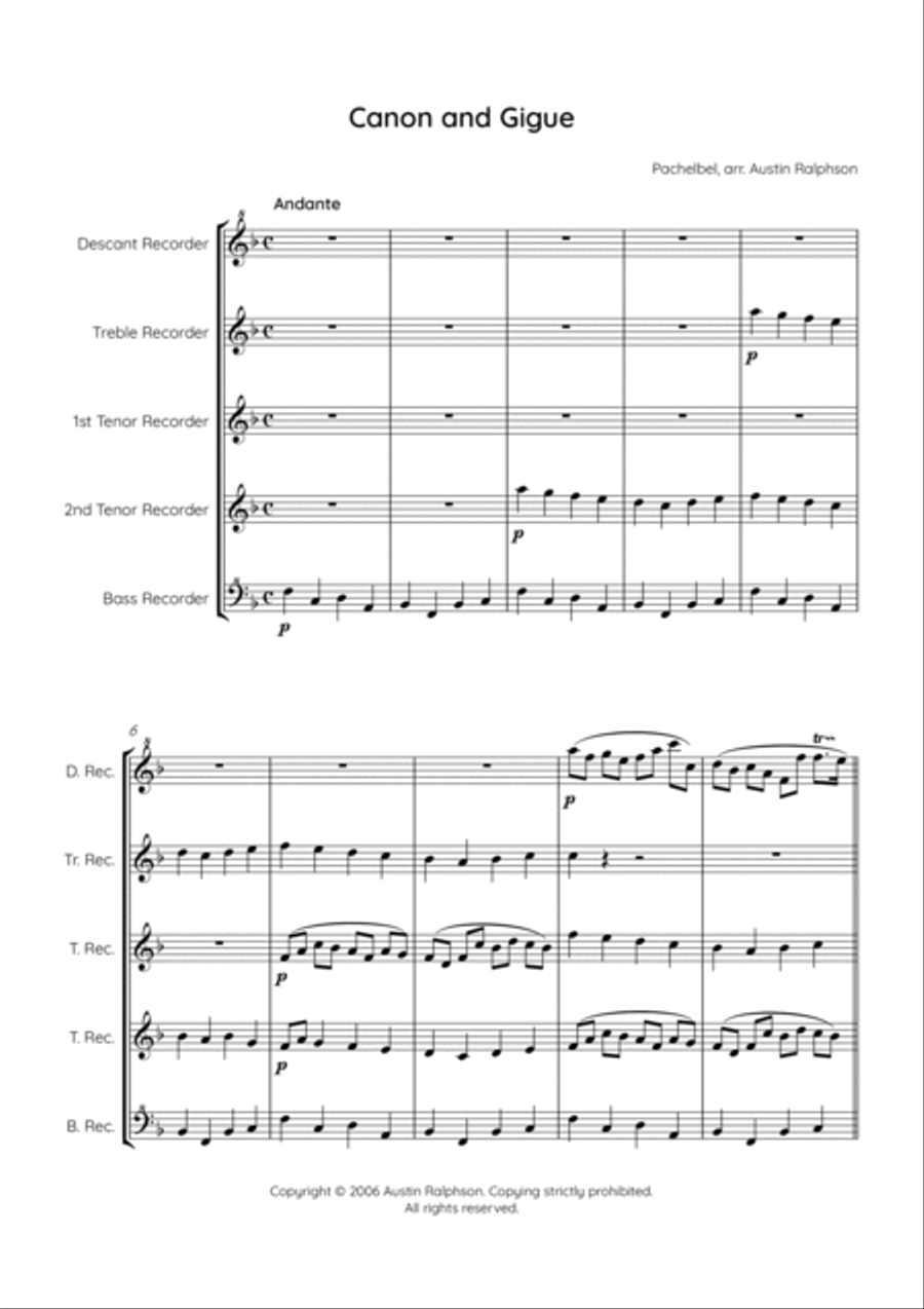 Canon and Gigue in D - recorder quintet Recorder scores gallery preview page 5