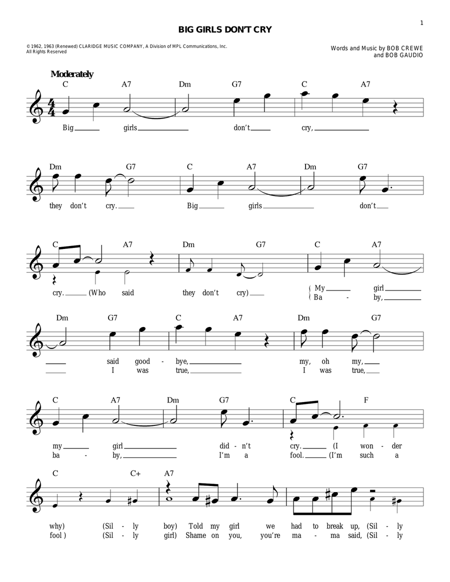 Big Girls Don't Cry by The Four Seasons Piano - Digital Sheet Music