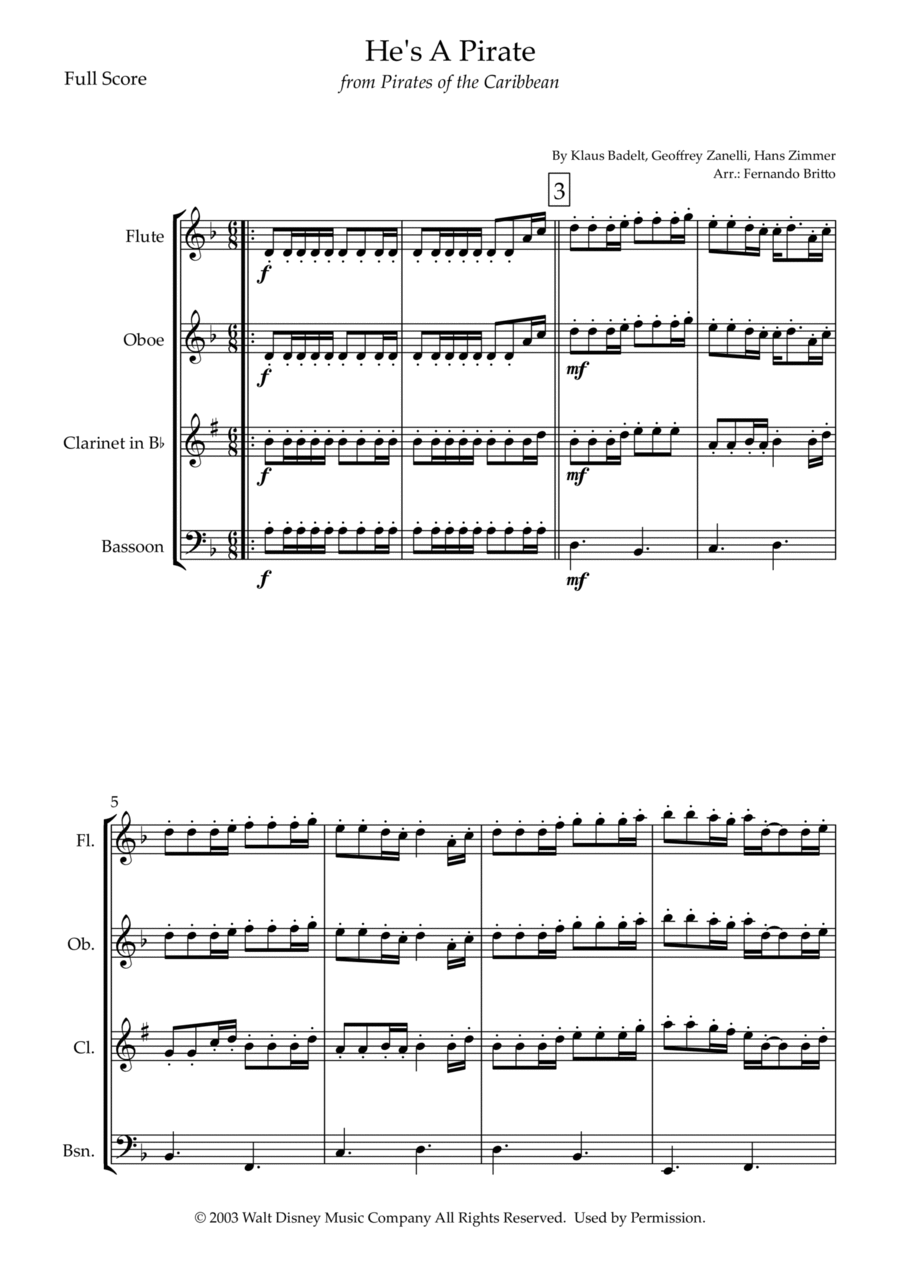 He's A Pirate Woodwind Quartet scores gallery preview page 1