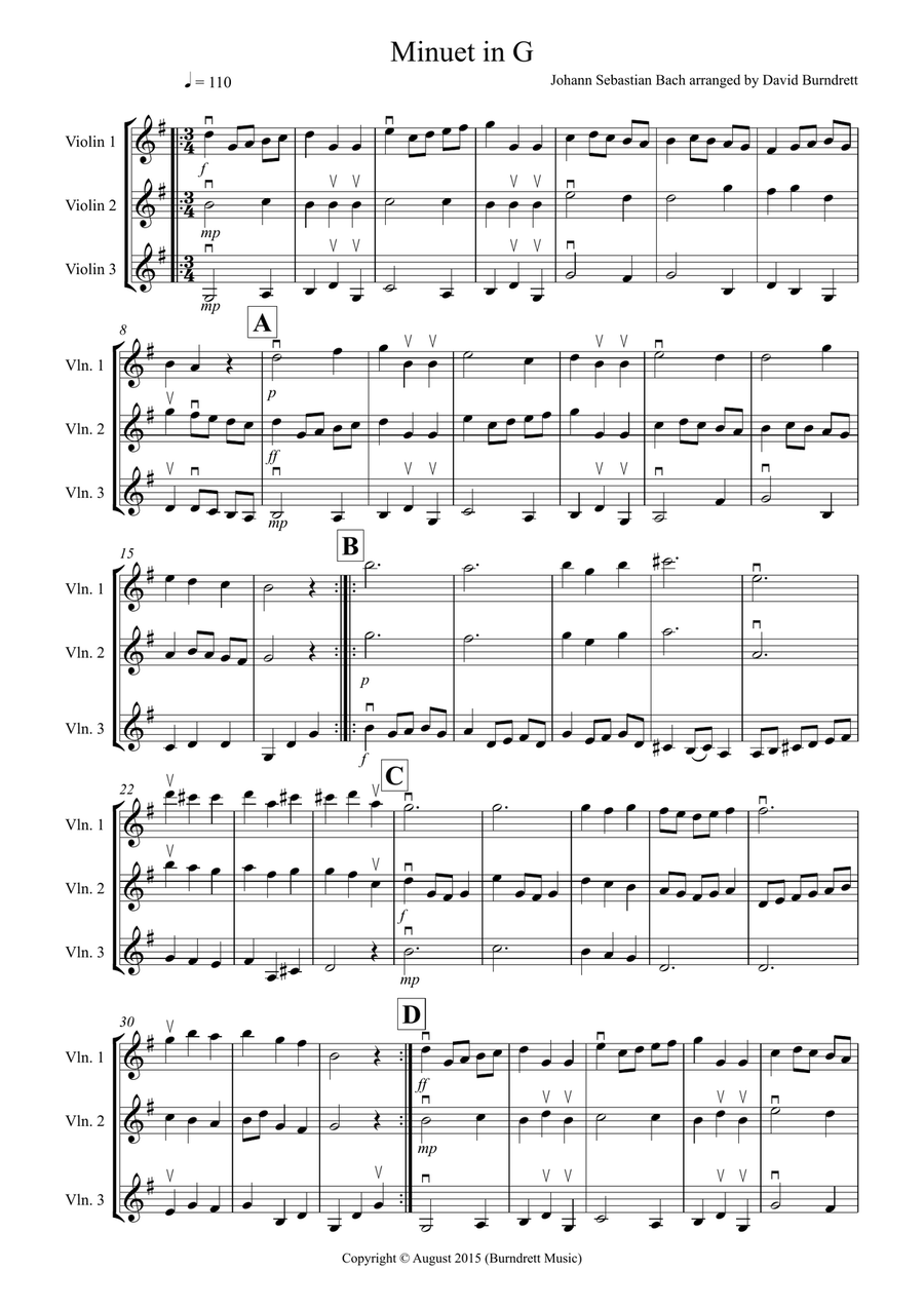 Minuet in G by Bach for Violin Trio Violin Solo scores gallery preview page 1