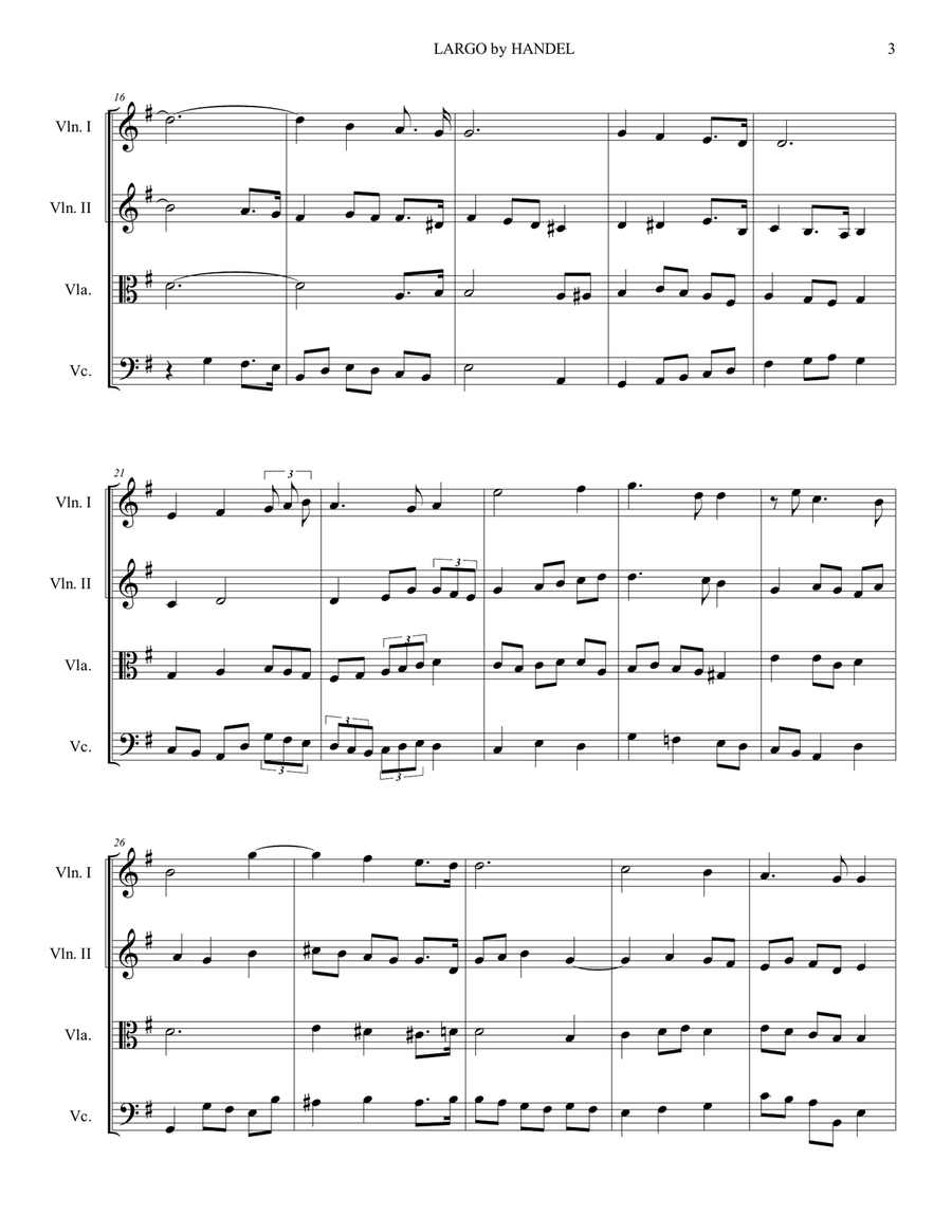 LARGO by Handel - (From Op. Xerxes; HWV 40) - Arr. for String Quartet String Quartet scores gallery preview page 3