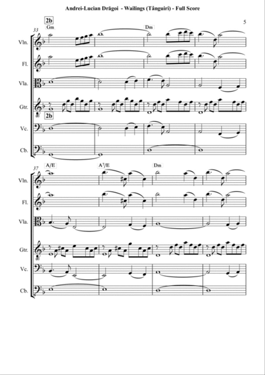 Wailings (Tânguiri) - miniature for violin, flute, viola, guitar (/piano/harp) cello and bass sexte Clarinet scores gallery preview page 5
