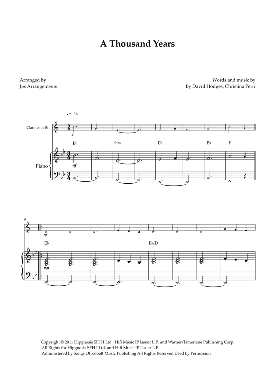 A Thousand Years B-Flat Clarinet scores gallery preview page 1
