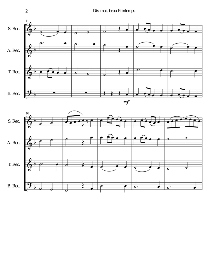 Dis-moi, beau printemps (Tell me, lovely Spring) for recorder quartet Dis-moi, beau printemps (Tell me, lovely Spring) for recorder quartet Small Ensemble scores gallery preview page 2