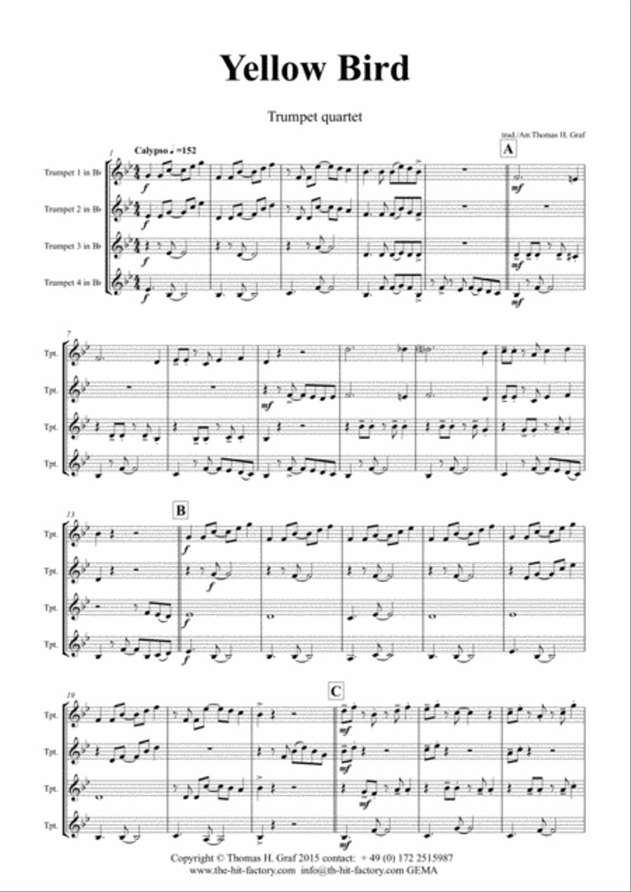 Yellow Bird - Haitian Folk Song - Calypso - Trumpet Quartet Trumpet scores gallery preview page 2