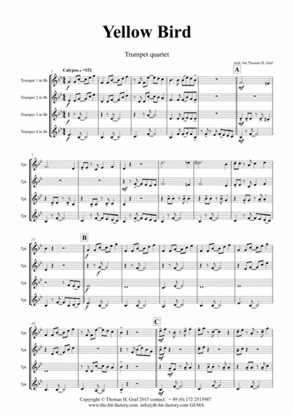 Yellow Bird - Haitian Folk Song - Calypso - Trumpet Quartet image number null