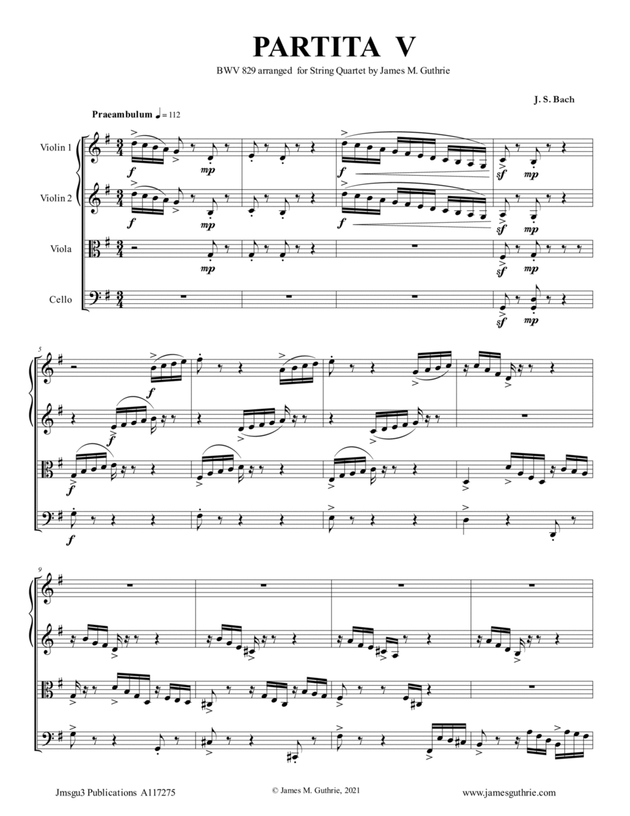 BACH: Partita No. 5 BWV 829 for String Quartet String Quartet scores gallery preview page 1