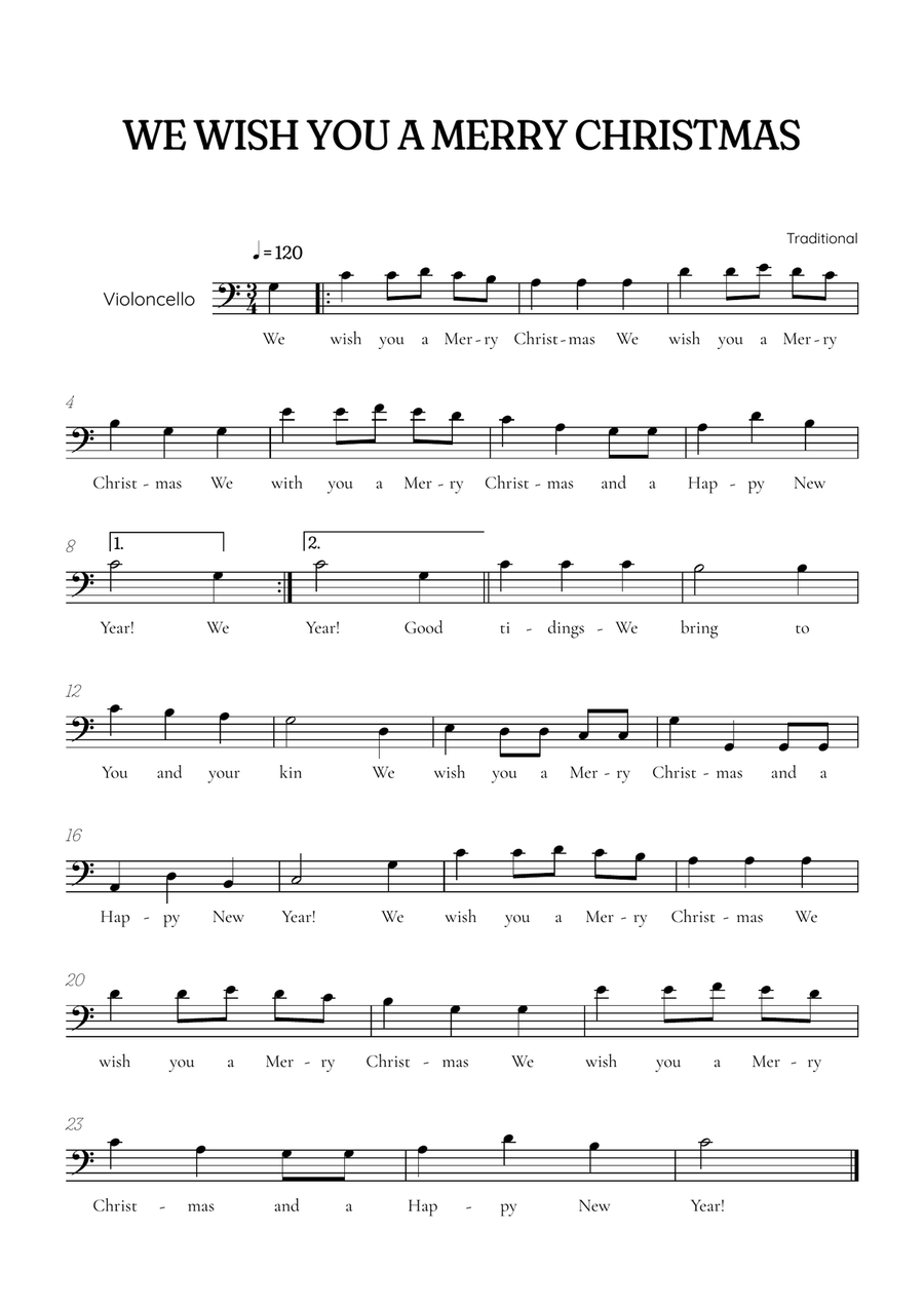We Wish You a Merry Christmas for cello • easy Christmas sheet music Cello Solo scores gallery preview page 1