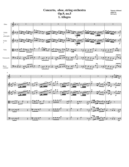 Concerto, oboe, string orchestra, Op.9, no.5, C major (Original version - Score and parts)