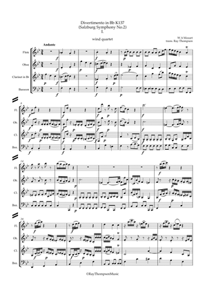Book cover for Mozart: Divertimento in Bb "Salzburg Symphony No.2" K137 - wind quartet