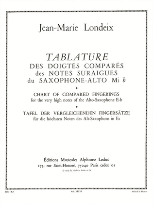 Book cover for Tablature Des Doigtes Compares Des Notes Sur-aigues (saxophone Solo