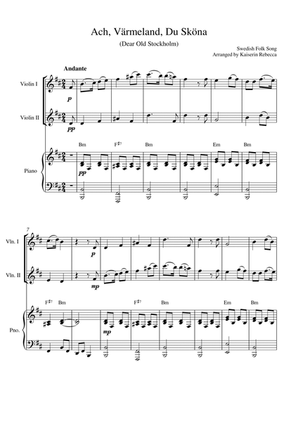Ach, Värmeland, Du Sköna (Dear Old Stockholm) (for violin duet and piano accompaniment) image number null