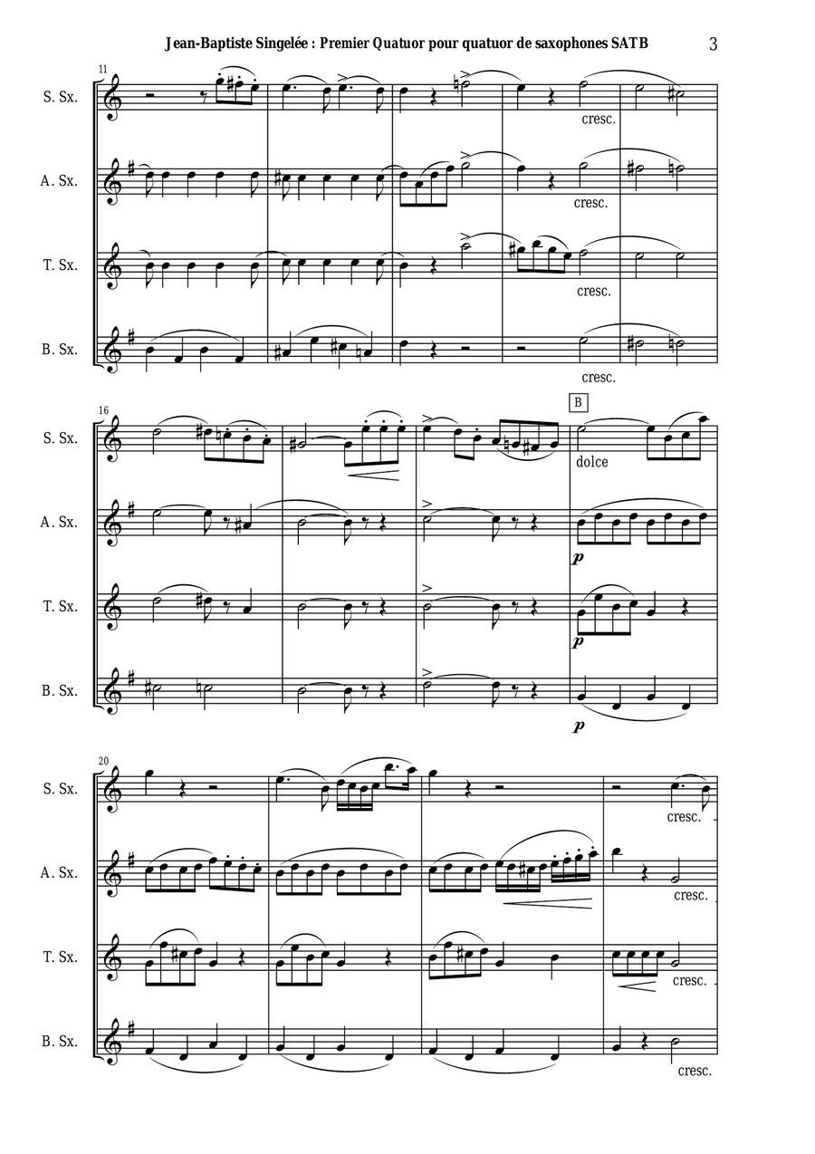 Jean-Baptiste Singelée: Premier Quatuor opus 53 pour quatuor de saxophones SATB ou ensemble de saxo Woodwind Quartet scores gallery preview page 3