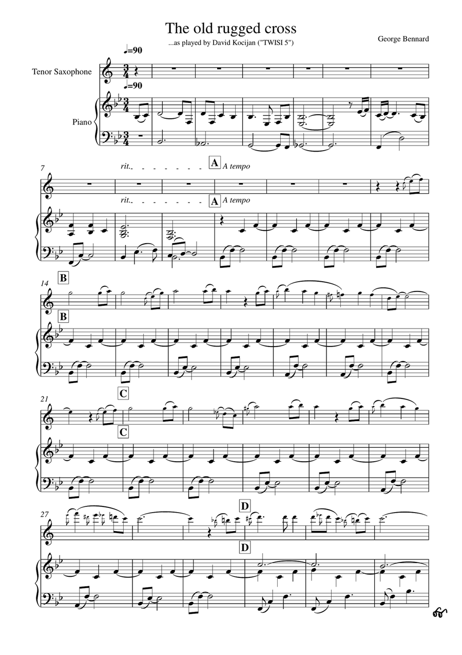 The old rugged cross (piano & tenor sax) Tenor Saxophone scores gallery preview page 1