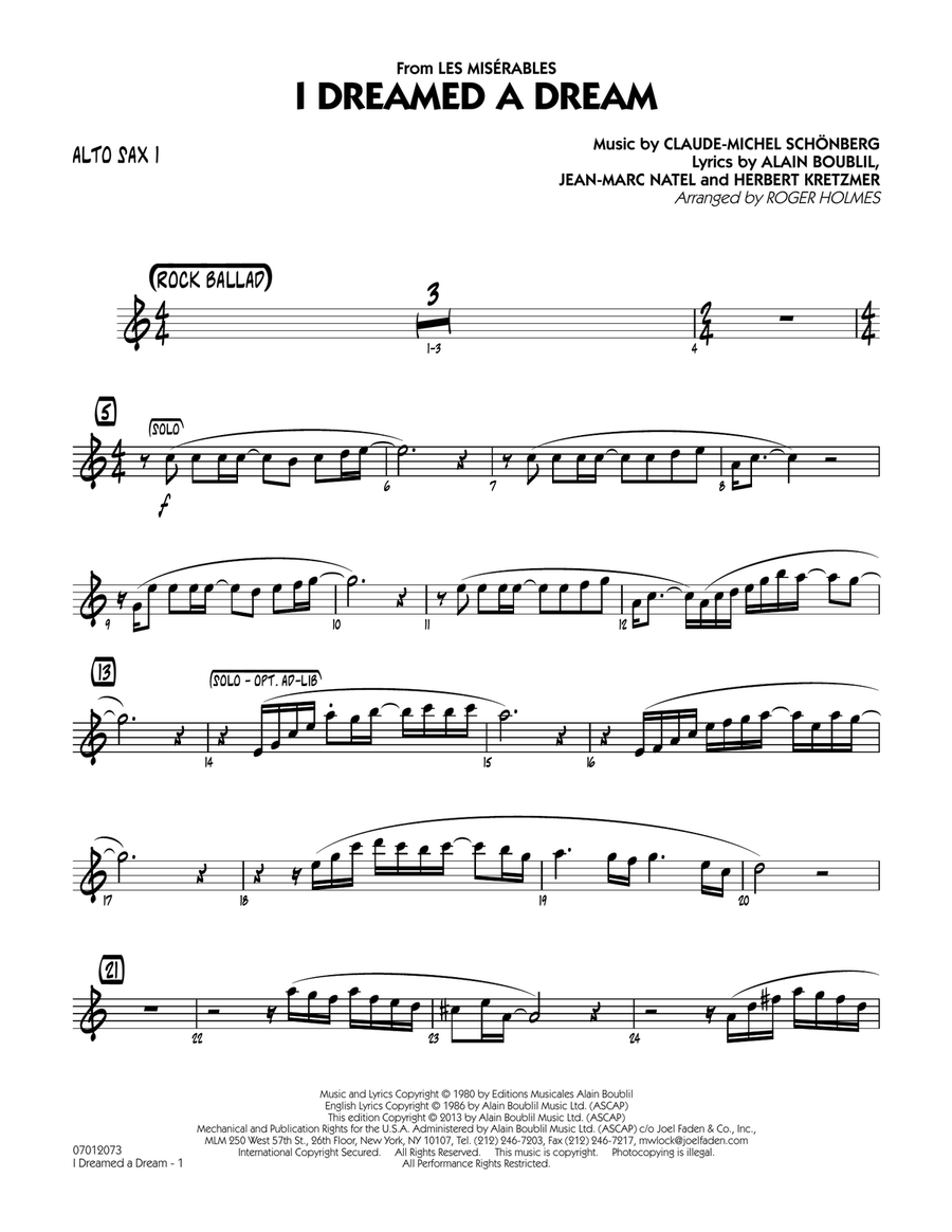 I Dreamed a Dream (from Les Miserables) - Alto Sax 1 Jazz Ensemble scores gallery preview page 1
