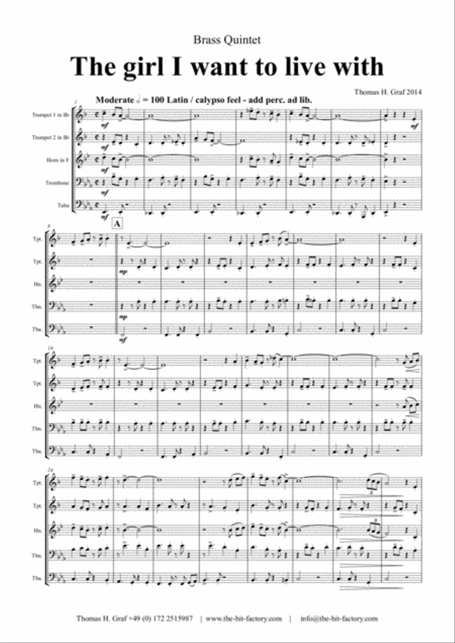 The girl I want to live with - Latin/Calypso - Brass Quintet Brass Quintet scores gallery preview page 2