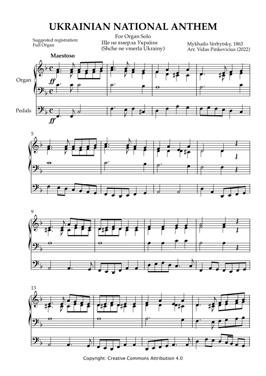 Ukrainian National Anthem for Organ solo (arr. by Vidas Pinkevicius, 2022) Organ Solo scores gallery preview page 1