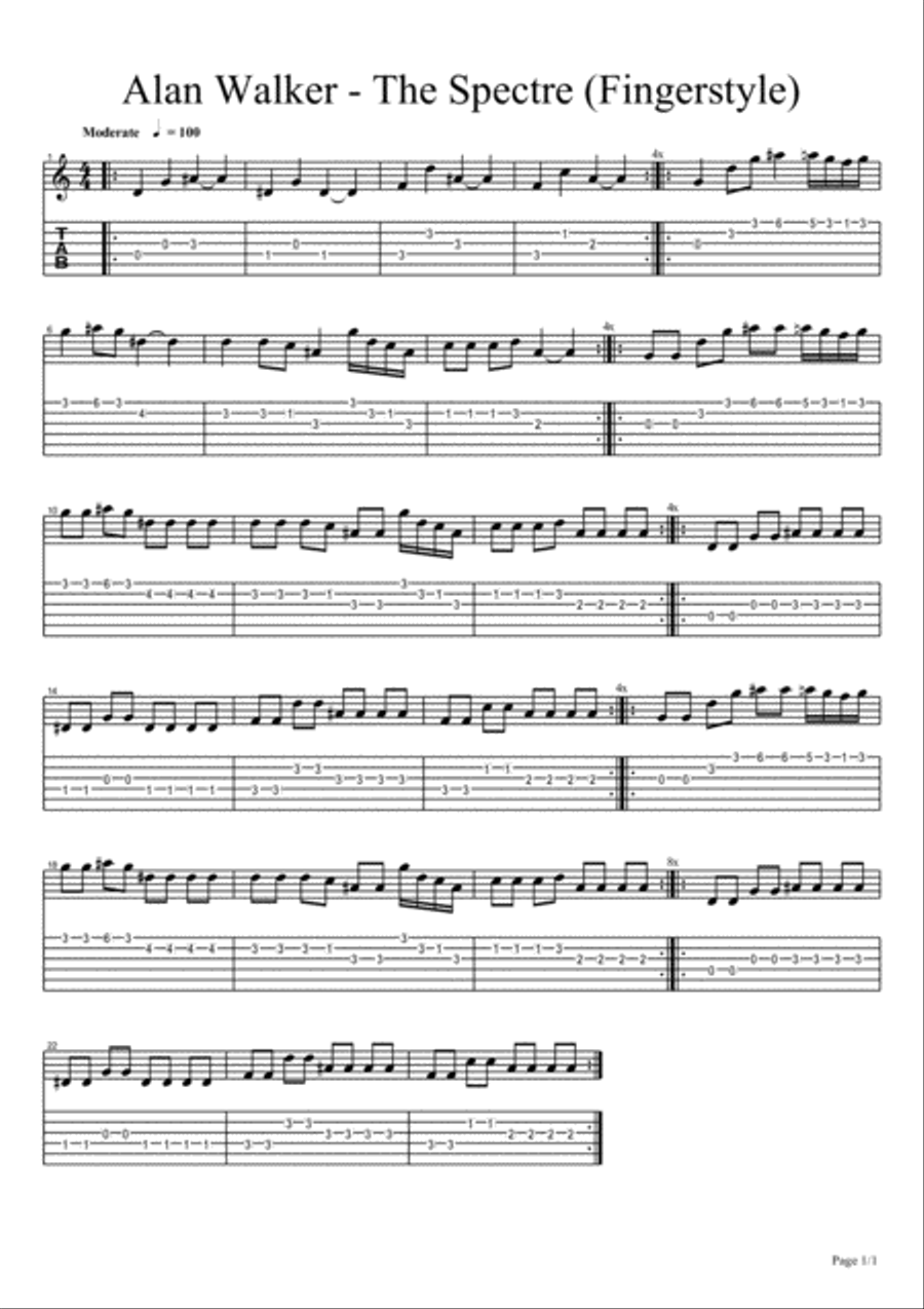 The Spectre Guitar Tablature scores gallery preview page 1