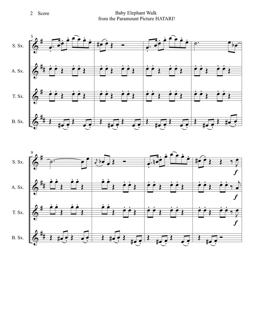 Baby Elephant Walk from the Paramount Picture HATARI! Saxophone Quartet scores gallery preview page 3