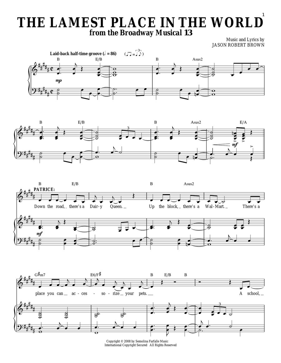 The Lamest Place In The World (from 13: The Musical) Piano, Vocal, Guitar scores gallery preview page 1