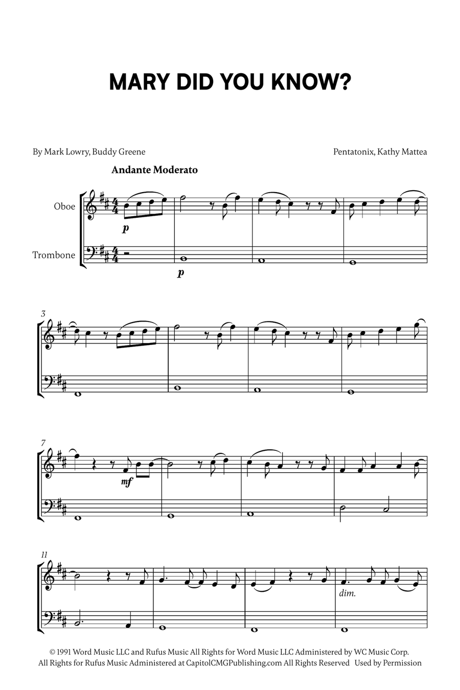 Mary, Did You Know? Mary, Did You Know? Trombone Duet scores gallery preview page 1