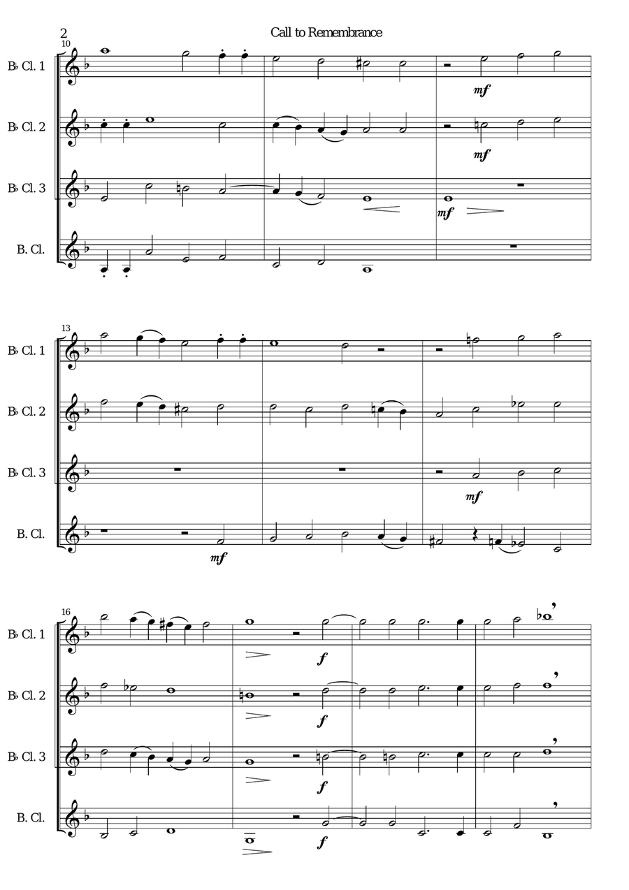 Call to remembrance for clarinet quartet (3 B flat clarinets and 1 bass or 4 B flat clarinets) Clarinet Quartet scores gallery preview page 2
