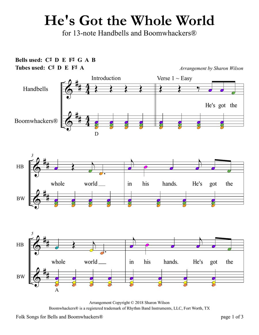 He's Got the Whole World In His Hands (for 13-note Bells and Boomwhackers with Color Coded Notes) Handbell Choir scores gallery preview page 5