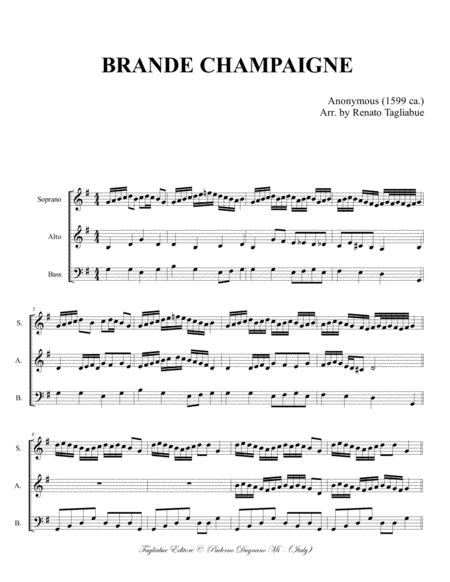 BRANDE CHAMPAGNJE - Anonymous 1599 - Arr. for SABar Choir image number null