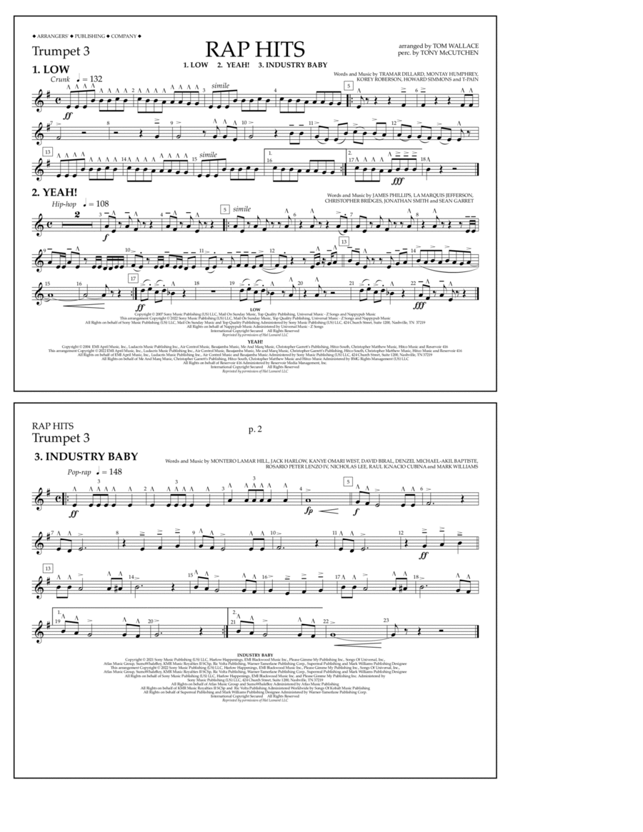 Rap Hits (Low, Yeah!, Industry Baby) - Trumpet 3 Marching Band scores gallery preview page 1