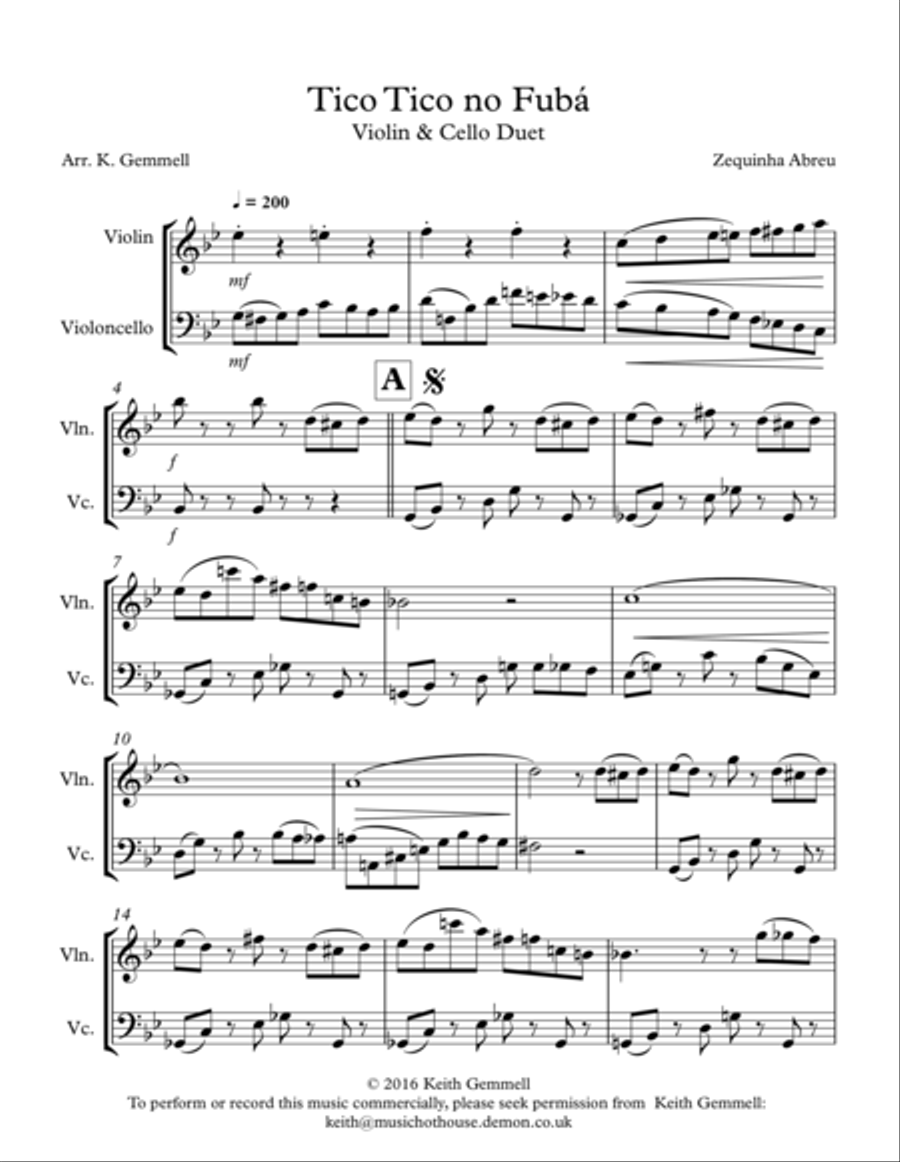 Tico Tico no Fuba: Violin & Cello Duet String Duet scores gallery preview page 1