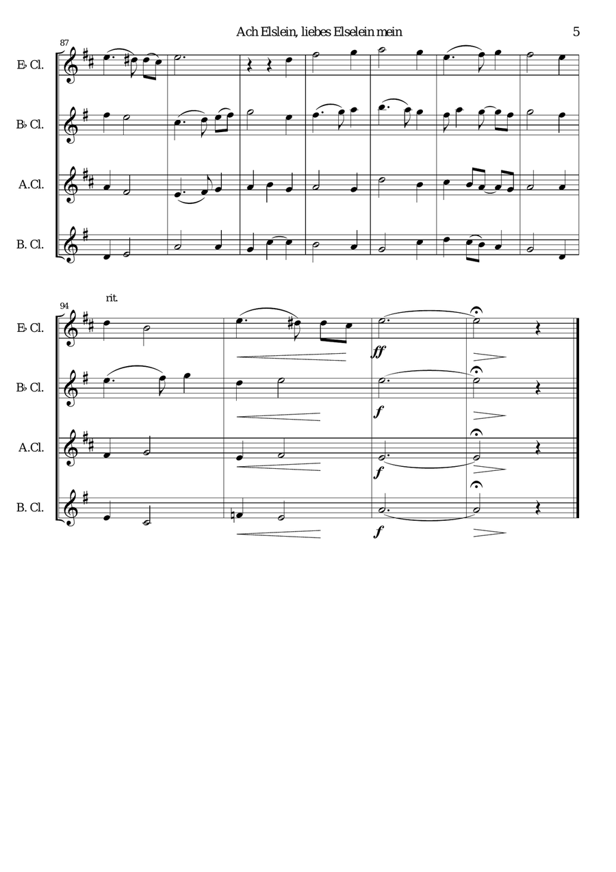 Ach Elslein, liebes Elselein mein for clarinet quartet (E flat, B flat, Alto, Bass) Clarinet Quartet scores gallery preview page 5