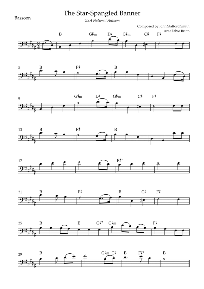 The Star Spangled Banner (USA National Anthem) for Bassoon Solo with Chords (B Major)