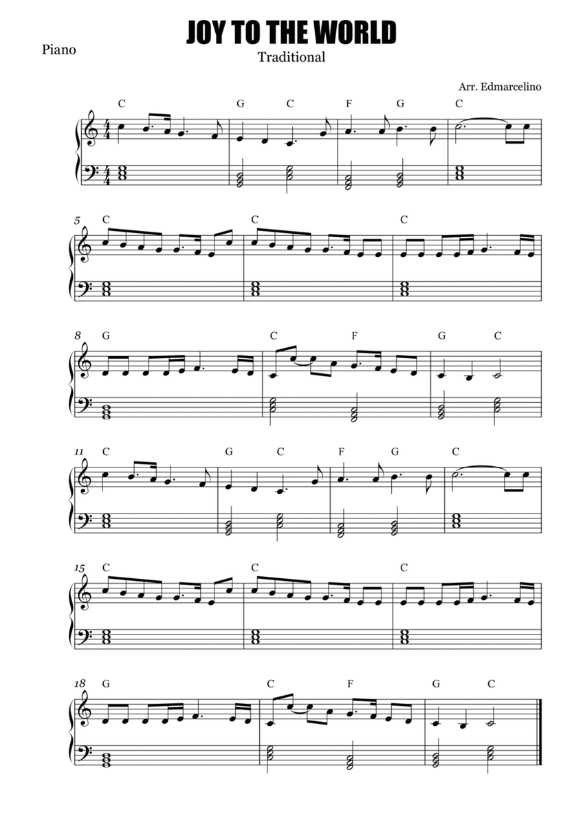 Joy to the World - PIANO Sheet Music to Beginners image number null