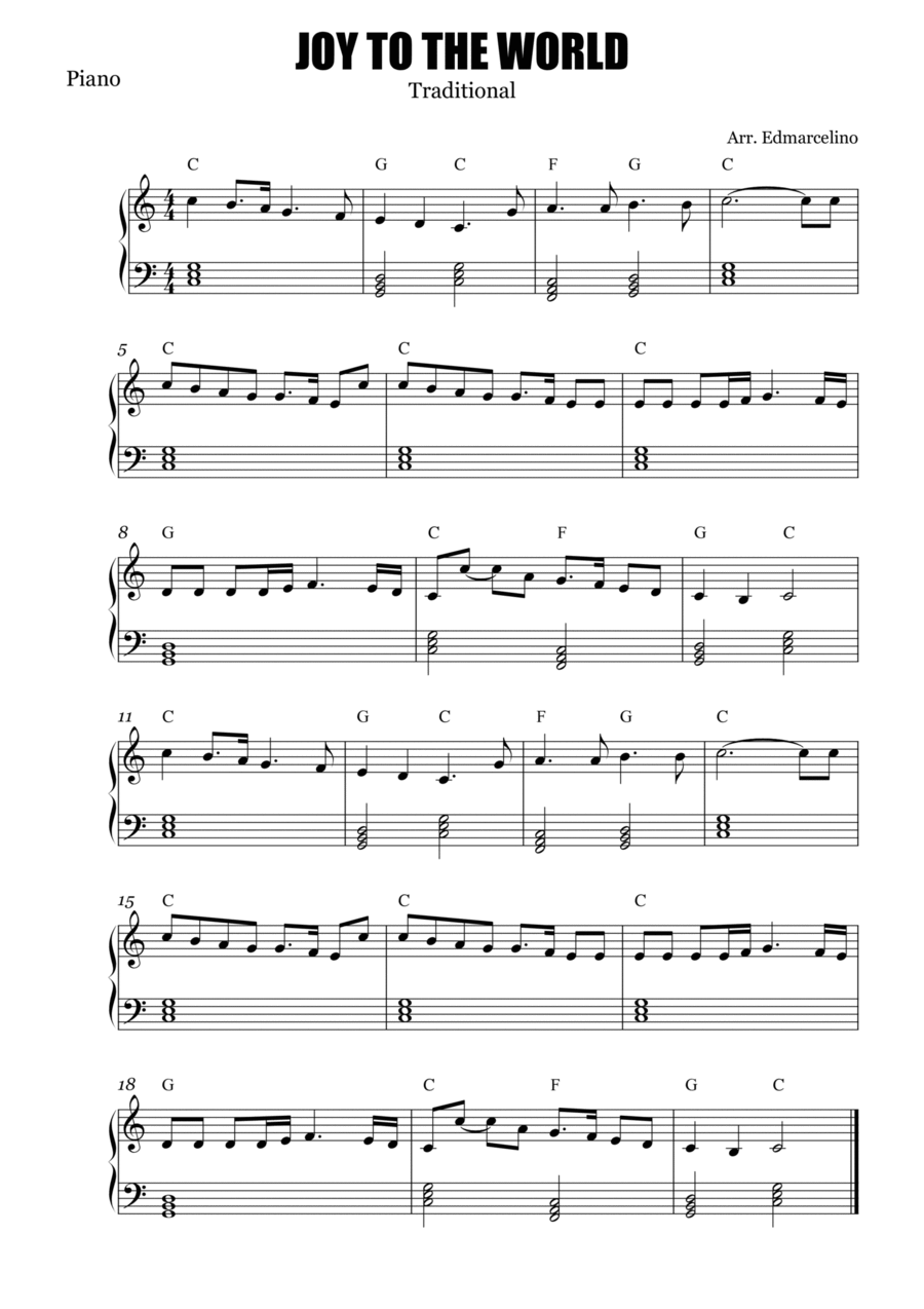Joy to the World - PIANO Sheet Music to Beginners Easy Piano scores gallery preview page 1