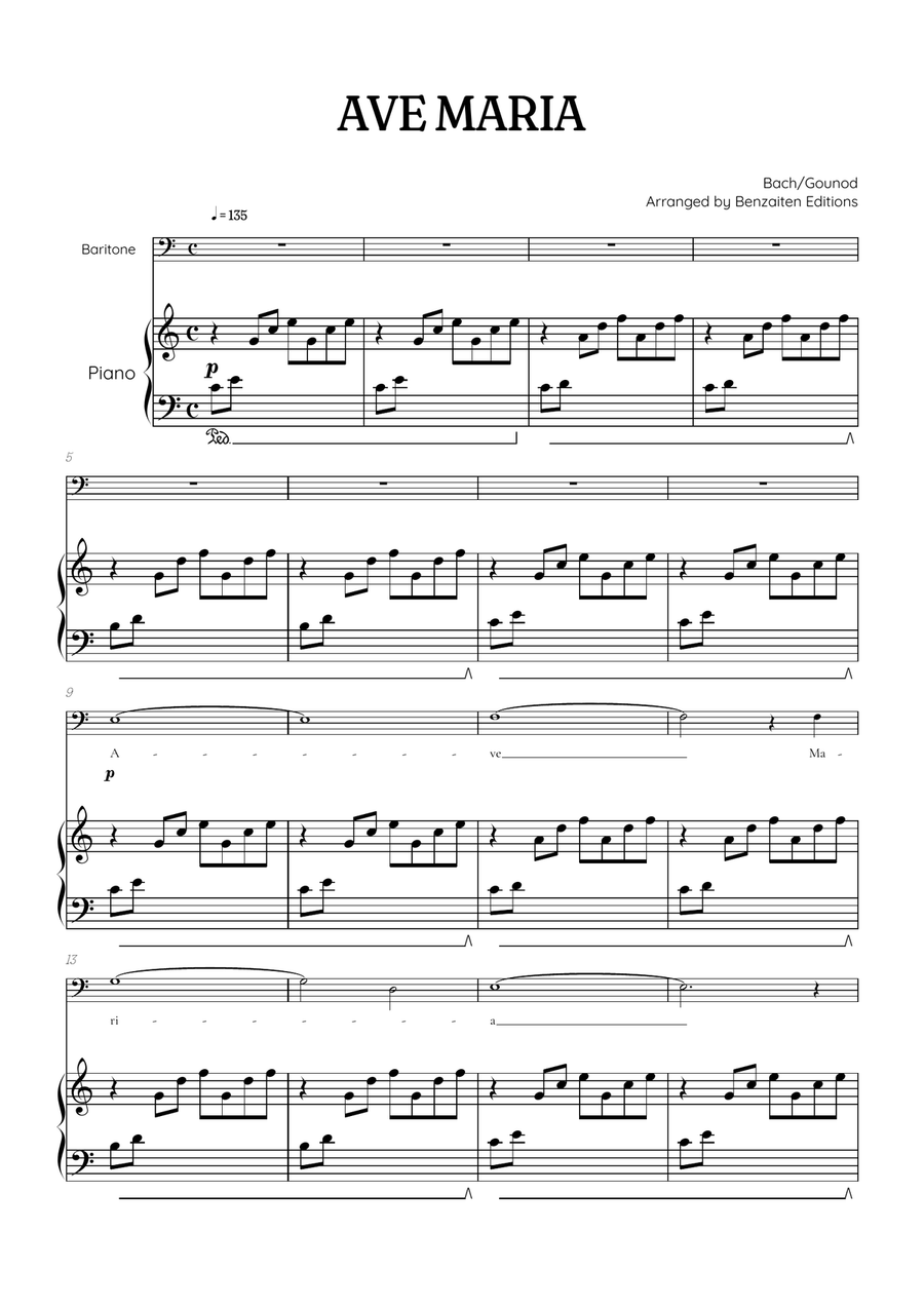 Bach / Gounod Ave Maria in C major • baritone sheet music with piano accompaniment Voice Solo scores gallery preview page 1