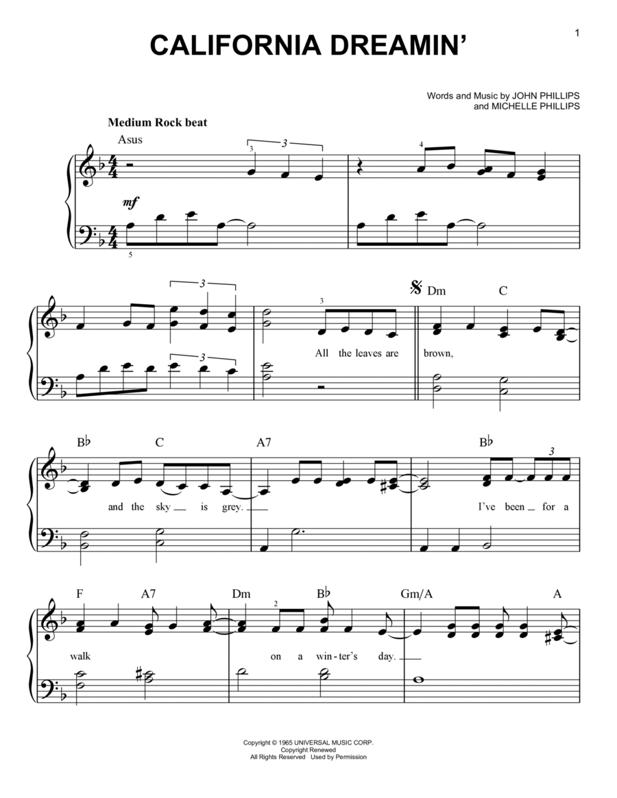 California Dreamin' Easy Piano scores gallery preview page 1