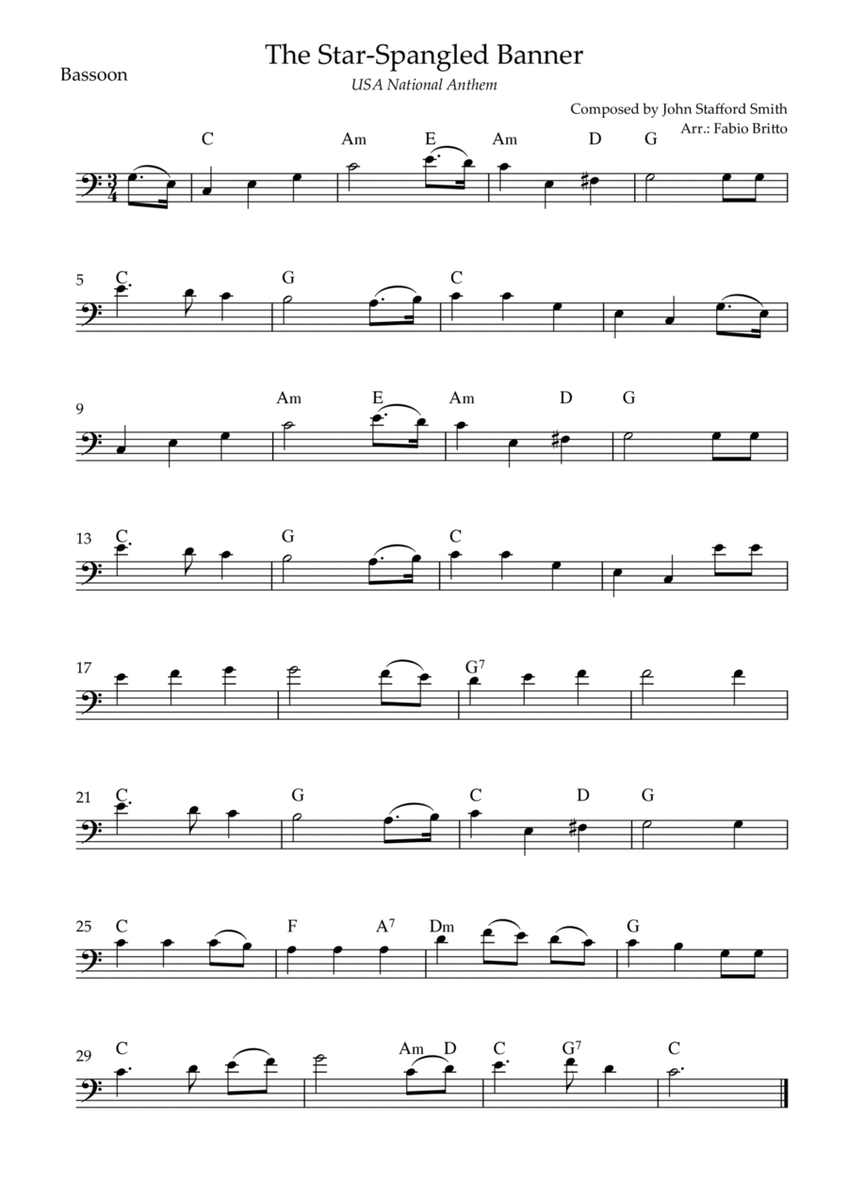 The Star Spangled Banner (USA National Anthem) for Bassoon Solo with Chords (C Major)