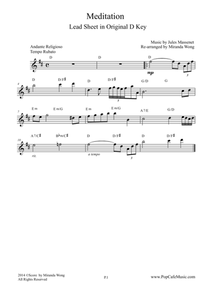 Meditation (from Thais) - Lead Sheet in Original D Key image number null