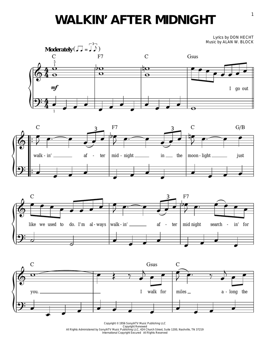 Walkin' After Midnight Easy Piano scores gallery preview page 1