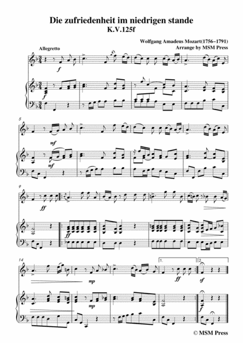 Mozart-Die zufriedenheit im niedrigen stande,for Flute and Piano image number null