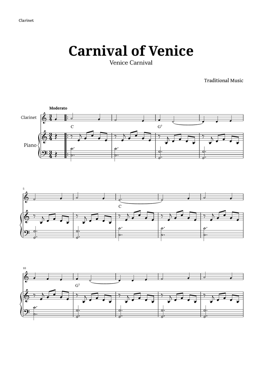 Carnival of Venice for Clarinet and Piano B-Flat Clarinet scores gallery preview page 1