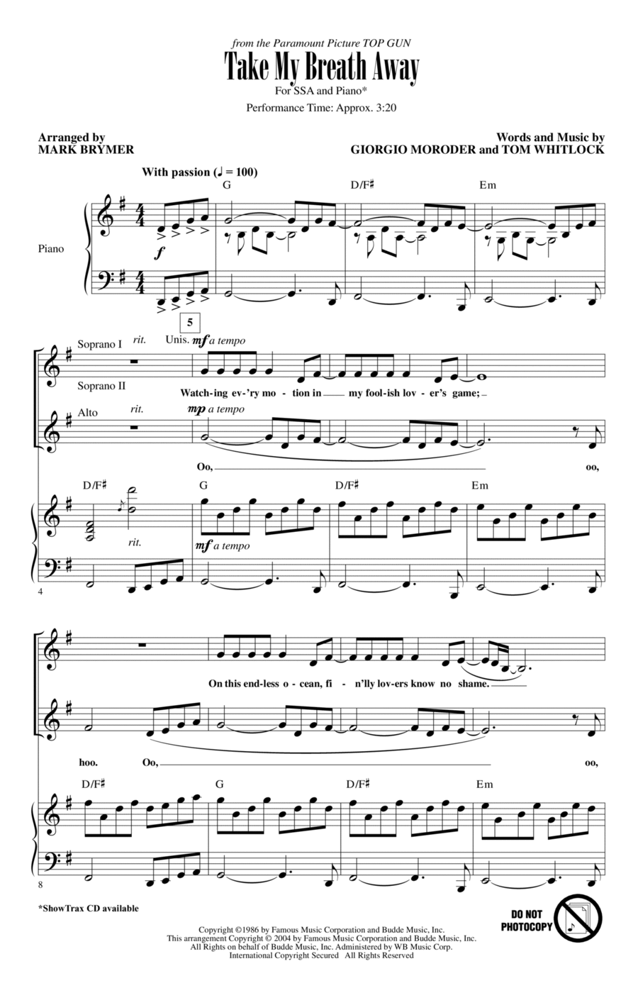 Take My Breath Away (Love Theme) (from Top Gun) (arr. Mark Brymer) SSA scores gallery preview page 1