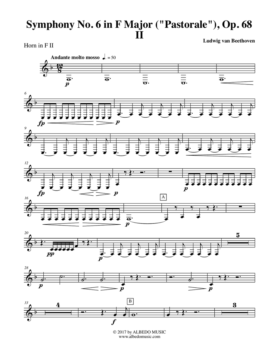 Beethoven Symphony No. 6, Pastorale, Movement II - Horn in F 2 (Transposed Part), Op. 68 Horn Solo scores gallery preview page 1