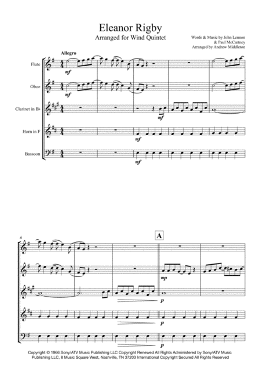 Eleanor Rigby Woodwind Quintet scores gallery preview page 3