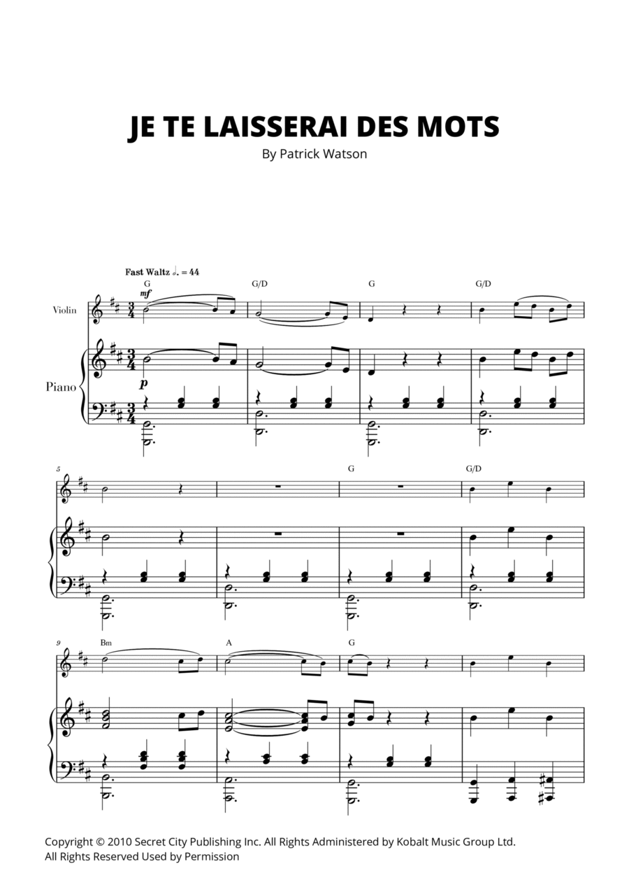 Je Te Laisserai Des Mots Violin Solo scores gallery preview page 1