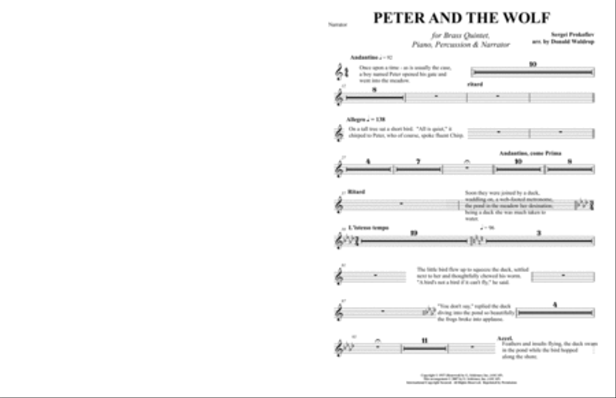 Peter and the Wolf for Brass Quintet, Piano, Percussion and Narrator Piano scores gallery preview page 16