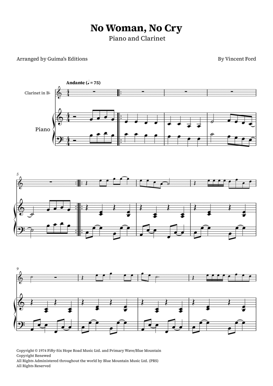 No Woman No Cry B-Flat Clarinet scores gallery preview page 1