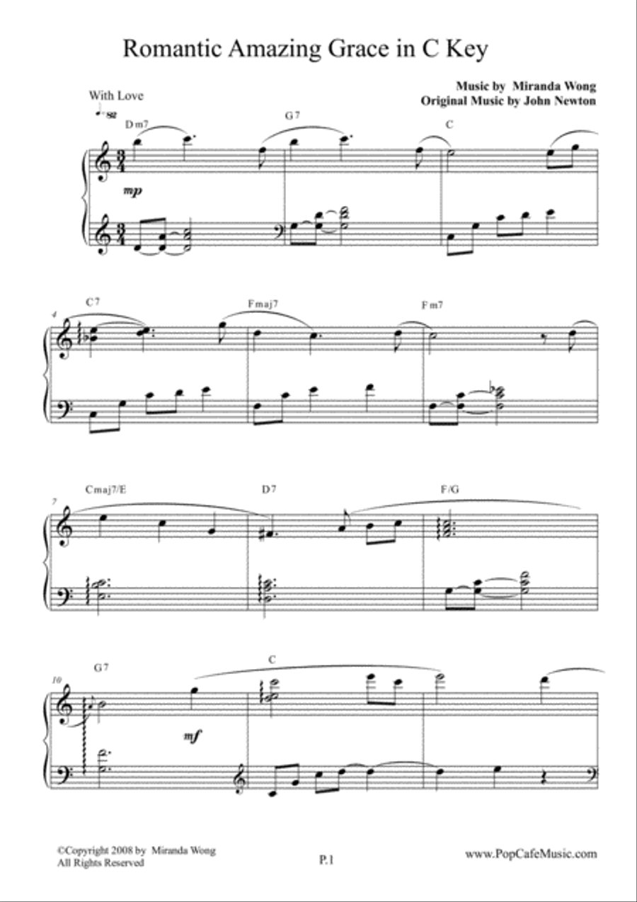 Romantic Amazing Grace in C ( Love Version) Piano Solo scores gallery preview page 1